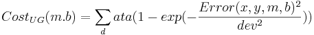  Cost_{UG}(m.b) = \sum_data (1 - exp(-\frac{Error(x,y,m,b)^2}{dev^2})) 
